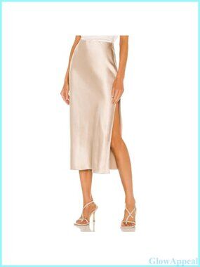 Satin Silk High Waist Slit Midi Skirt A-Line Elastic Waist Elegant Work Skirt